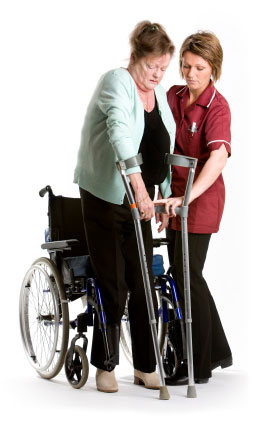 therapist helping woman walk